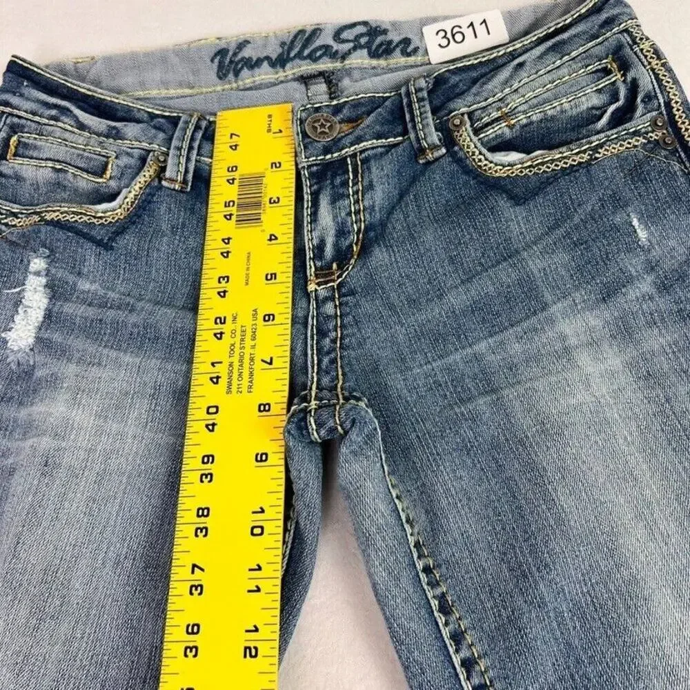 Vanilla Star Jeans Womens 7 Blue Denim Bootcut Embroidered Detail Distressed